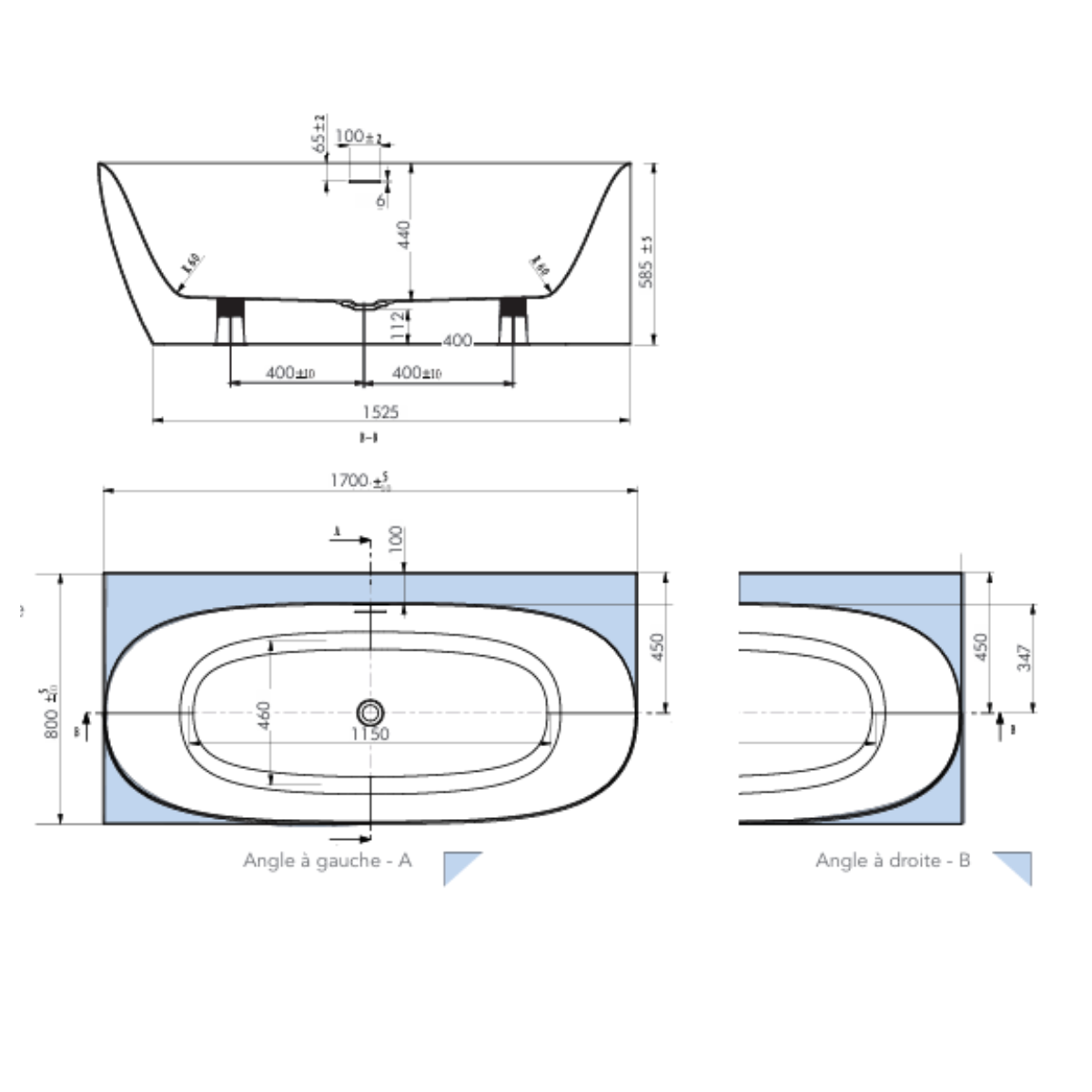 nurgavann akrüülist odesign Modena tehniline joonis